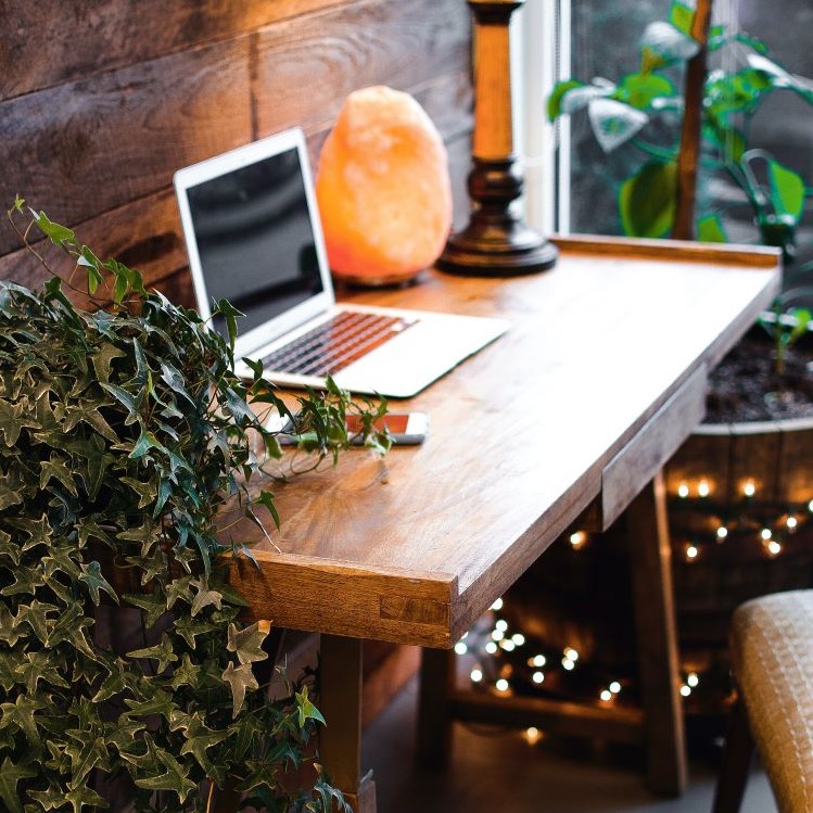 Wooden desk with open laptop and Himalayan salt lamp. Ivy grows up the desk.